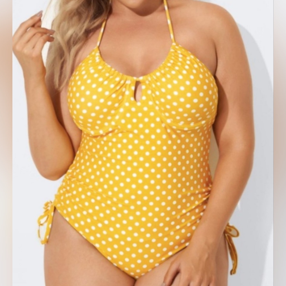 Meet Curve halter yellow polka dot self tie 2X one piece swimsuit NWT.